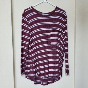 Mud Pie Womens Billie T Shirt Burgundy Stripe Long Sleeve Soft Casual Size S
